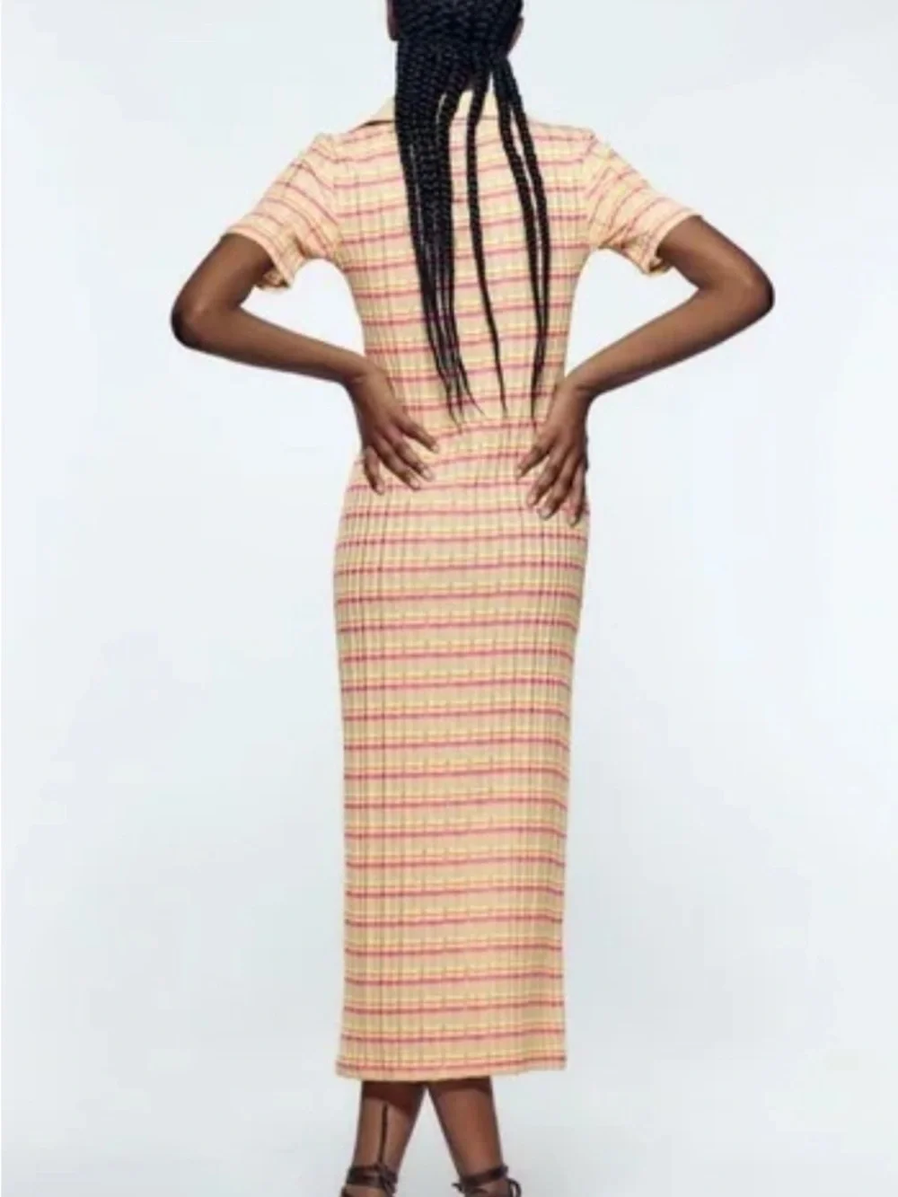 SOLD - Zara Ribbed Knit Striped Midi Dress Polo Collar Yellow Pink Size Small - Picture 2 of 8